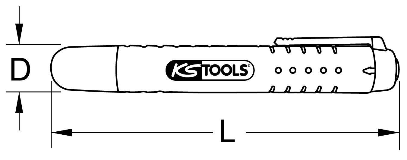 Tegning af en pen fra mærket 'KS Tools', med angivelse af længde 'L' og diameter 'D', set fra siden.