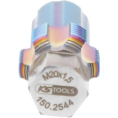 Sekskantbit med gevind 'M20x1.5', påskrift 'KS Tools 150.2544', sølvfarvet med blå og gyldne reflekser.