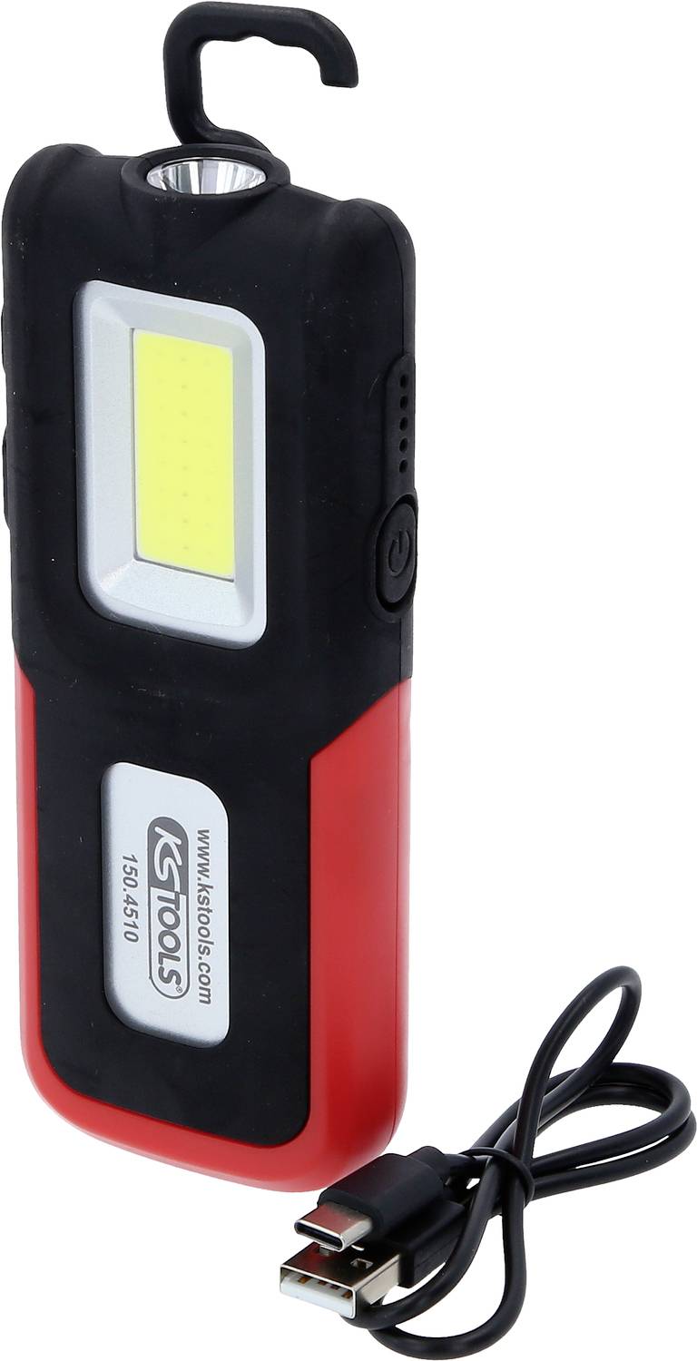 Bærbar LED-arbejdslampe med krog og USB-opladningskabel. Sort og rød kabinet, ideel til mobile belysningsopgaver.