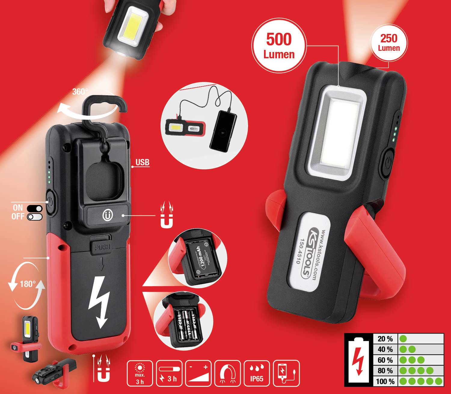 Bærbar LED-arbejdslampe med 500/250 lumen, USB-tilslutning, 360° drejelig, 180° justerbar, opladningsindikator og robust kabinet.