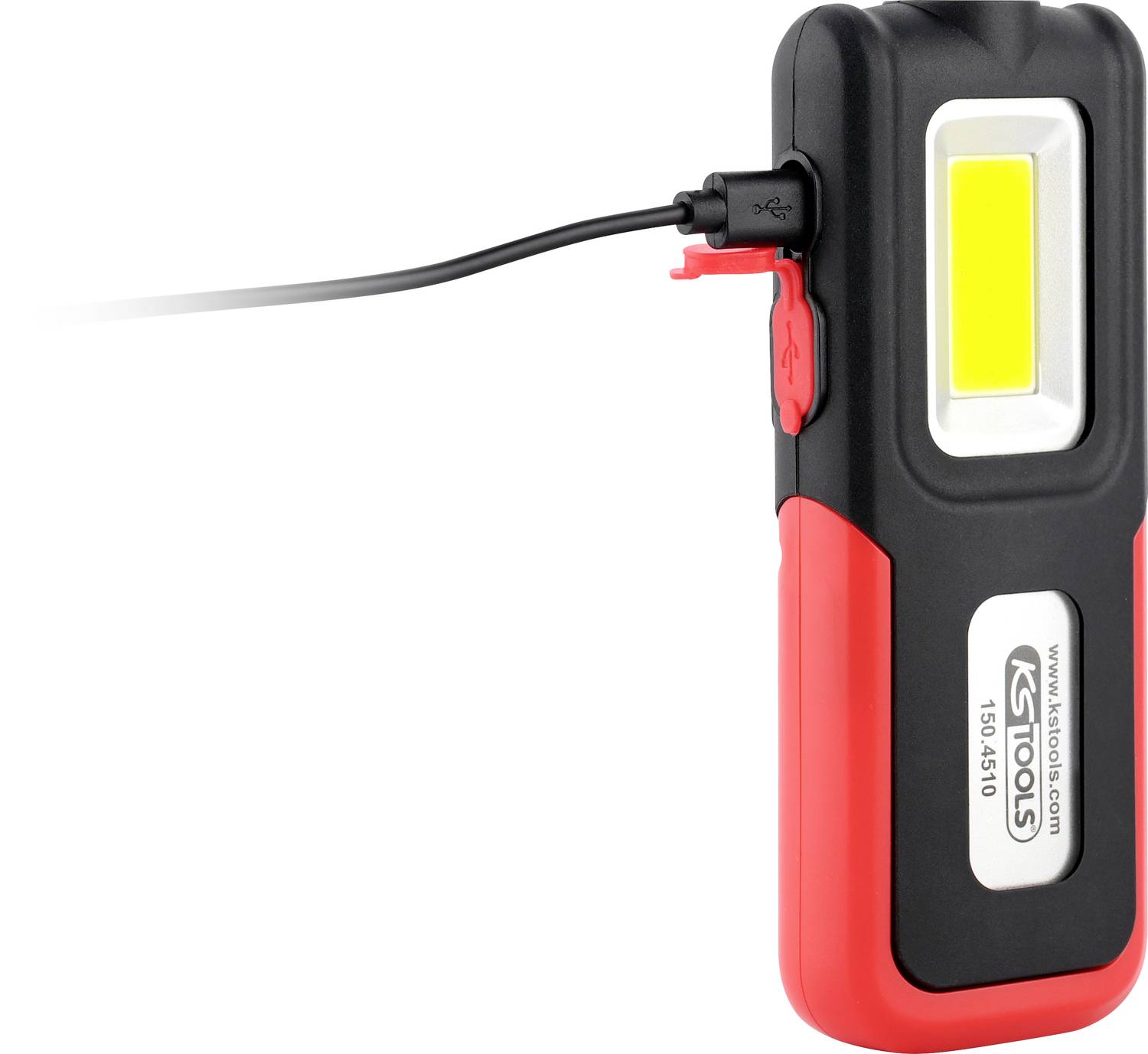 Bærbar LED-arbejdslampe med USB-opladningskabel, praktisk i rød-sort design. Ideel til værksteds- eller udendørs brug.