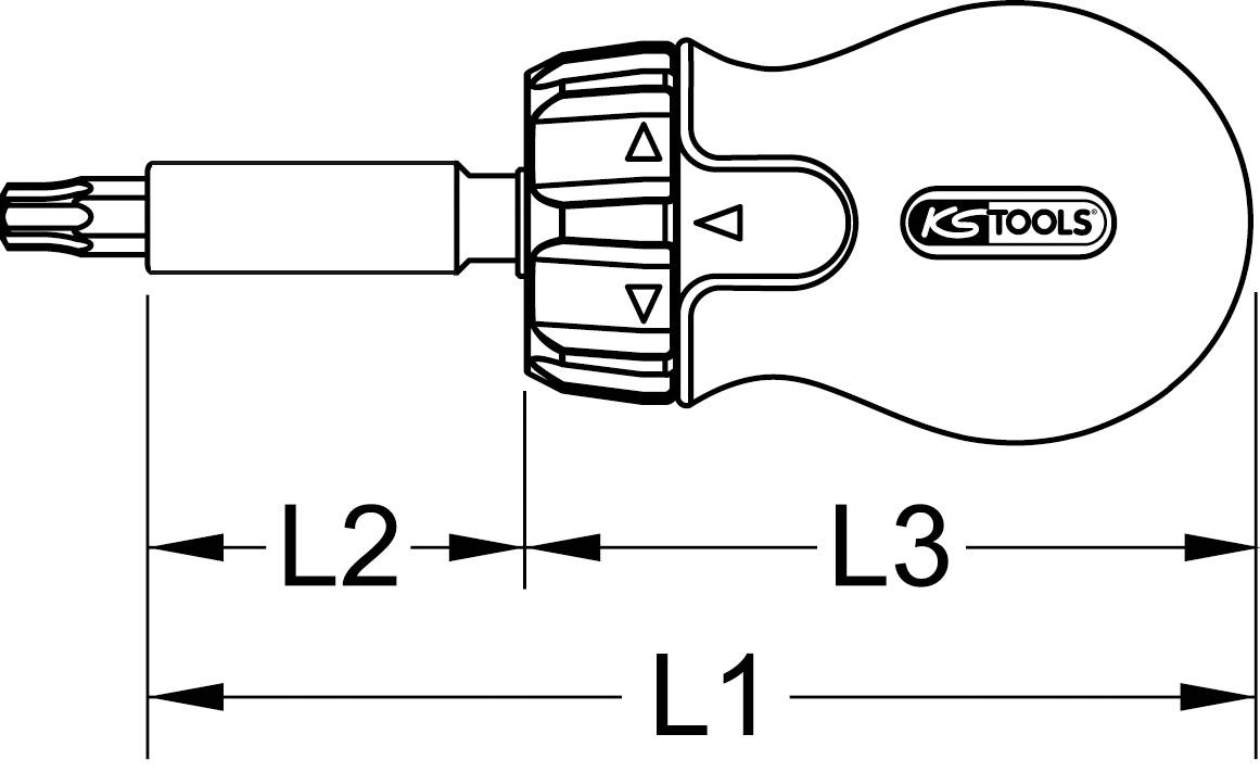 Teknisk tegning af en skruetrækker med dimensionerne L1, L2, L3. Logoet 'KS Tools' er synligt på tegningen.