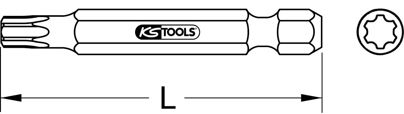 Sekskant-udvendig-Torx-bit L100 med KS Tools logo, viser tværsnit og længde af biten.