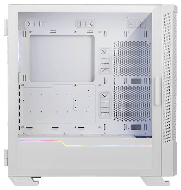 Computerkabinet med gennemsigtigt sidepanel, viser plads til bundkort, ventilationsåbninger og RGB-belysning forneden.