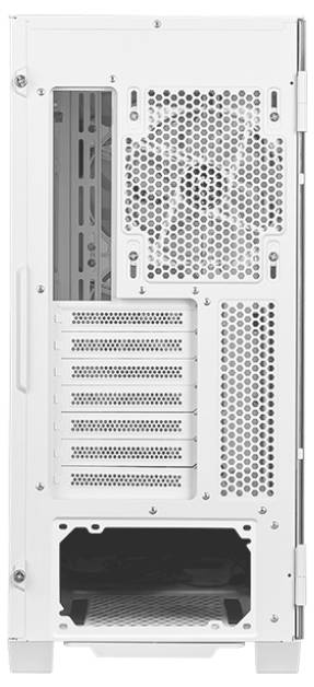 Bagvisning af et hvidt computerkabinet med ventilator, flere udvidelsesslots og et åbent strømforsyningsområde.