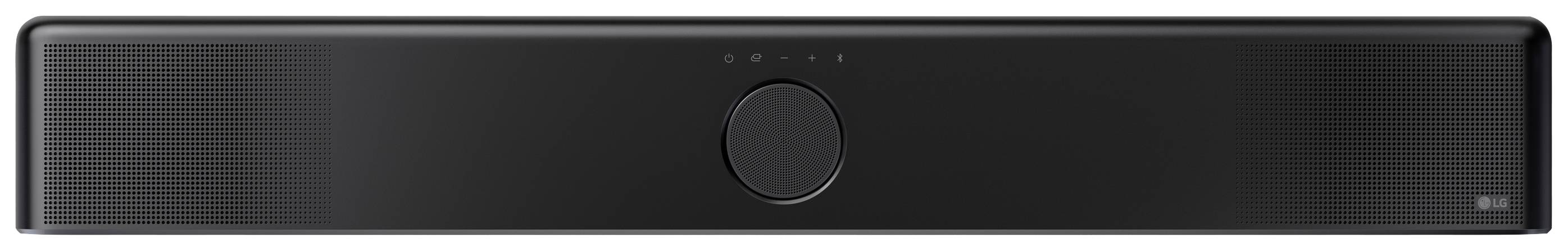 Sort soundbar med centraliseret volumenkontrol og betjeningselementer på toppen, velegnet til fritids- eller hjemmebiograformål.