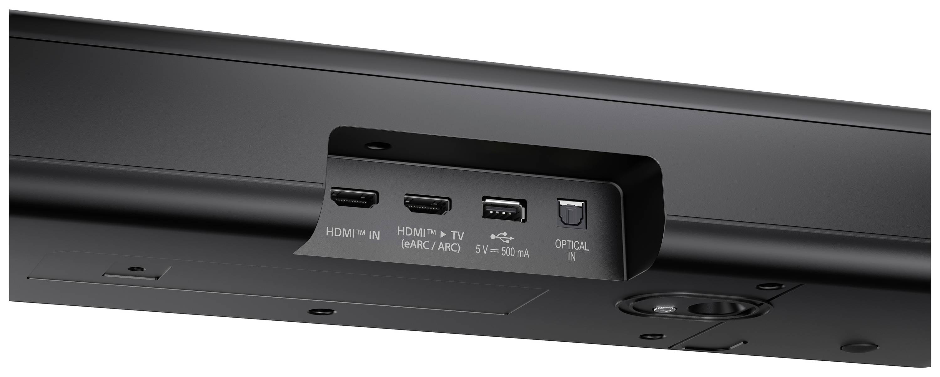 Soundbarens underside med porte: HDMI IN, HDMI UD (TV ARC/ARC), USB, OPTISK IN. Tilslutninger til lydenheder og tv.