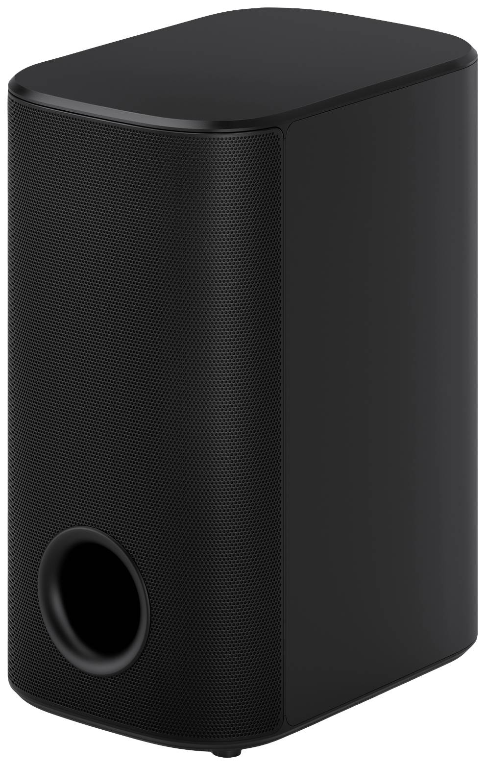 Sort, rektangulær højttaler med afrundede hjørner og et stort, rundt basrefleksrør i den nedre forreste del.