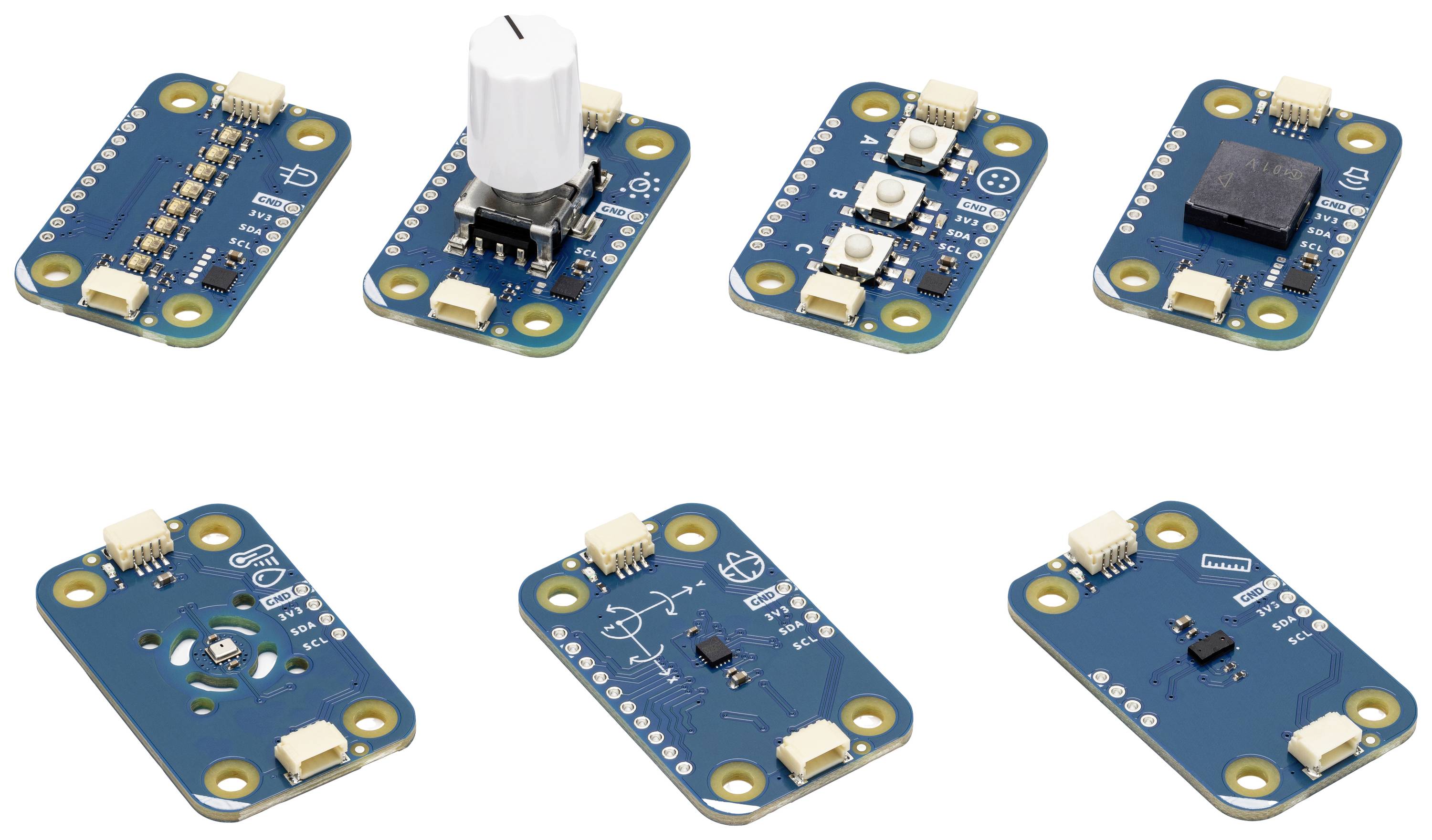 Flere elektroniske printplader med forskellige komponenter og tilslutninger, velegnede til sensor- og styringsapplikationer.