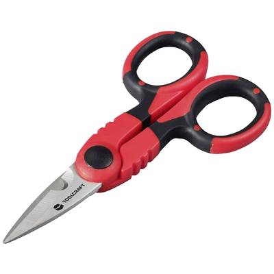 Rød og sort saks med ergonomiske håndtag og mærket klinge, placeret på hvid baggrund.