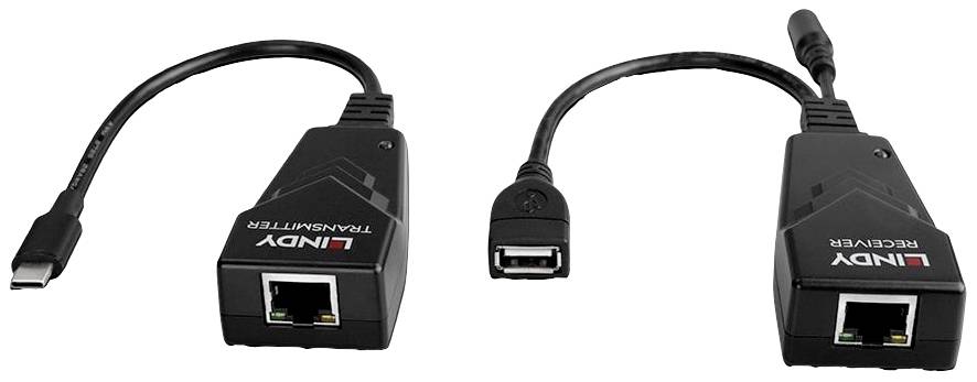 To netværksadaptere i sort fra Lindy; venstre adapter med USB-C og RJ45-stik, højre adapter med USB-A og RJ45-stik. De bruges til netværksforbindelser.