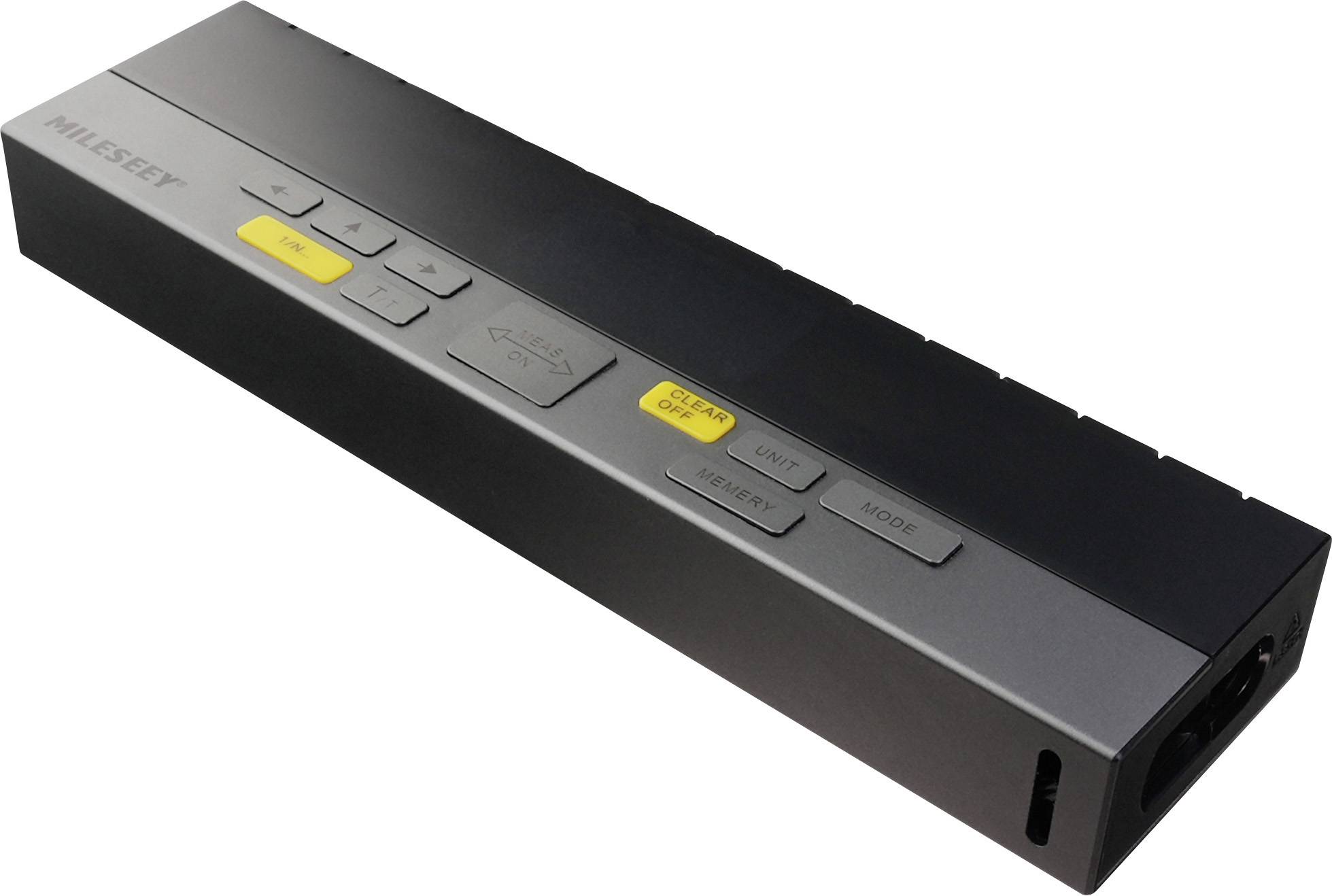 Elektronisk enhed med knapper og display. Foroven er der gule og grå taster, sandsynligvis til indstillinger og betjening.