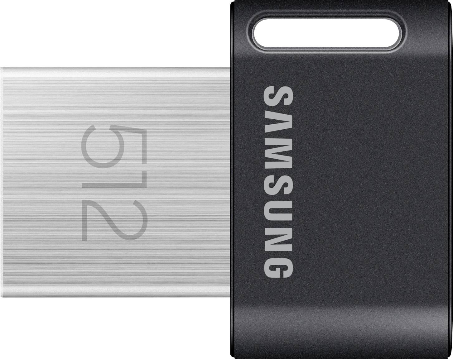 USB-stik fra Samsung med 512 GB lagerkapacitet, sølv og sort, kompakt design, markant logo på den sorte side.