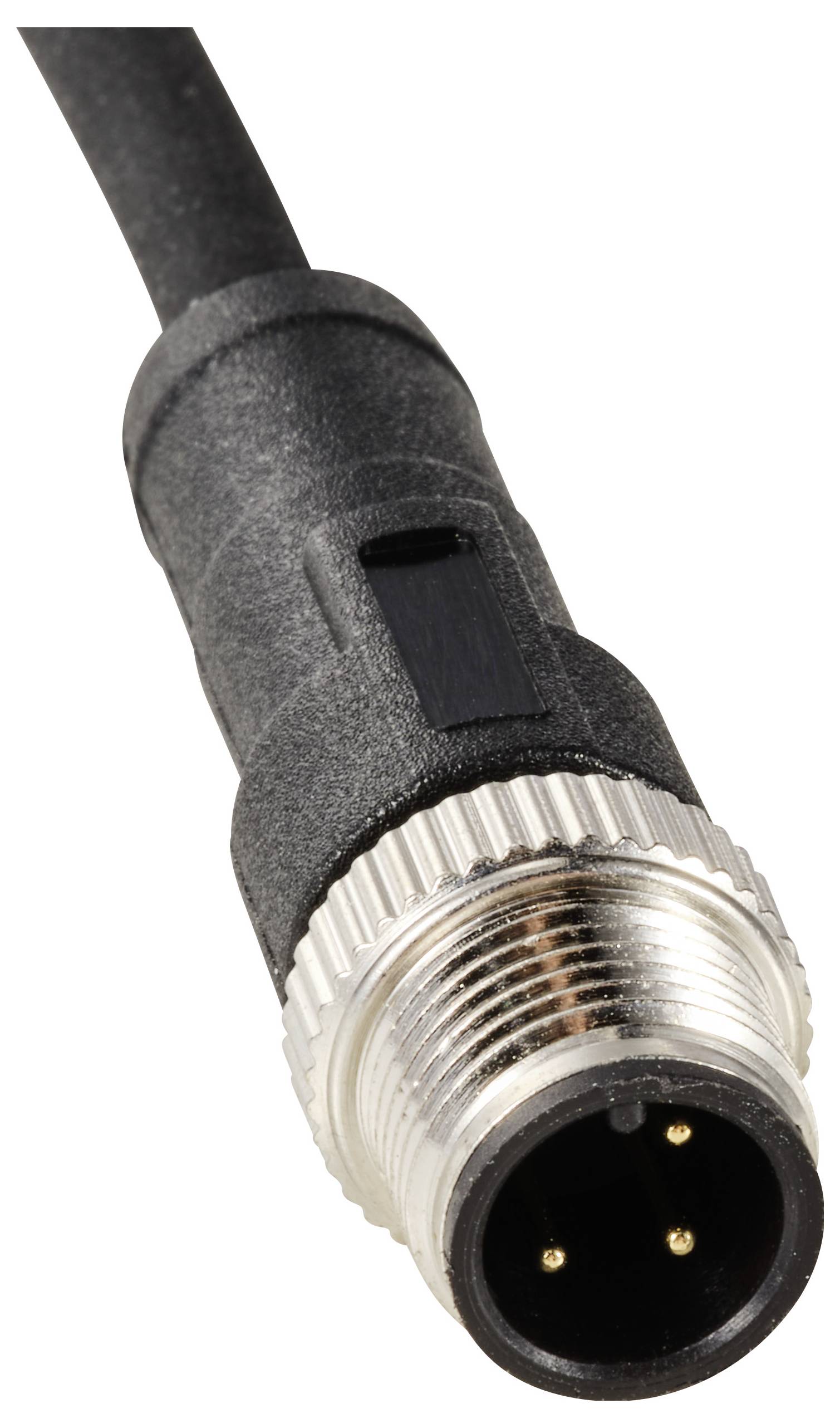 Et sort elektrisk stikkabel med et grå, metallisk stik og fire synlige stikben.