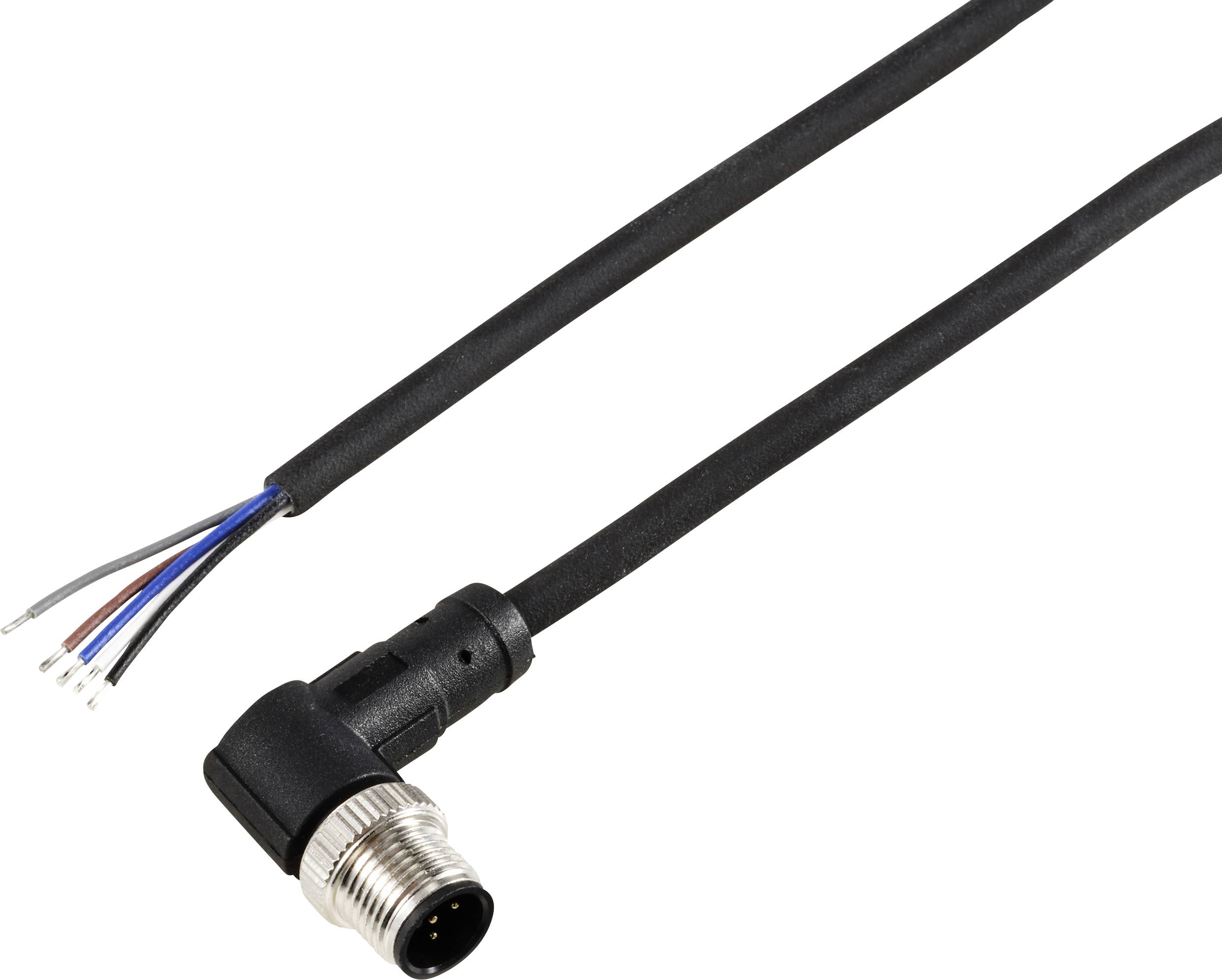 Et sort kabel med et lige stik og åbne endledere i forskellige farver, som viser en M8-stikforbindelse.