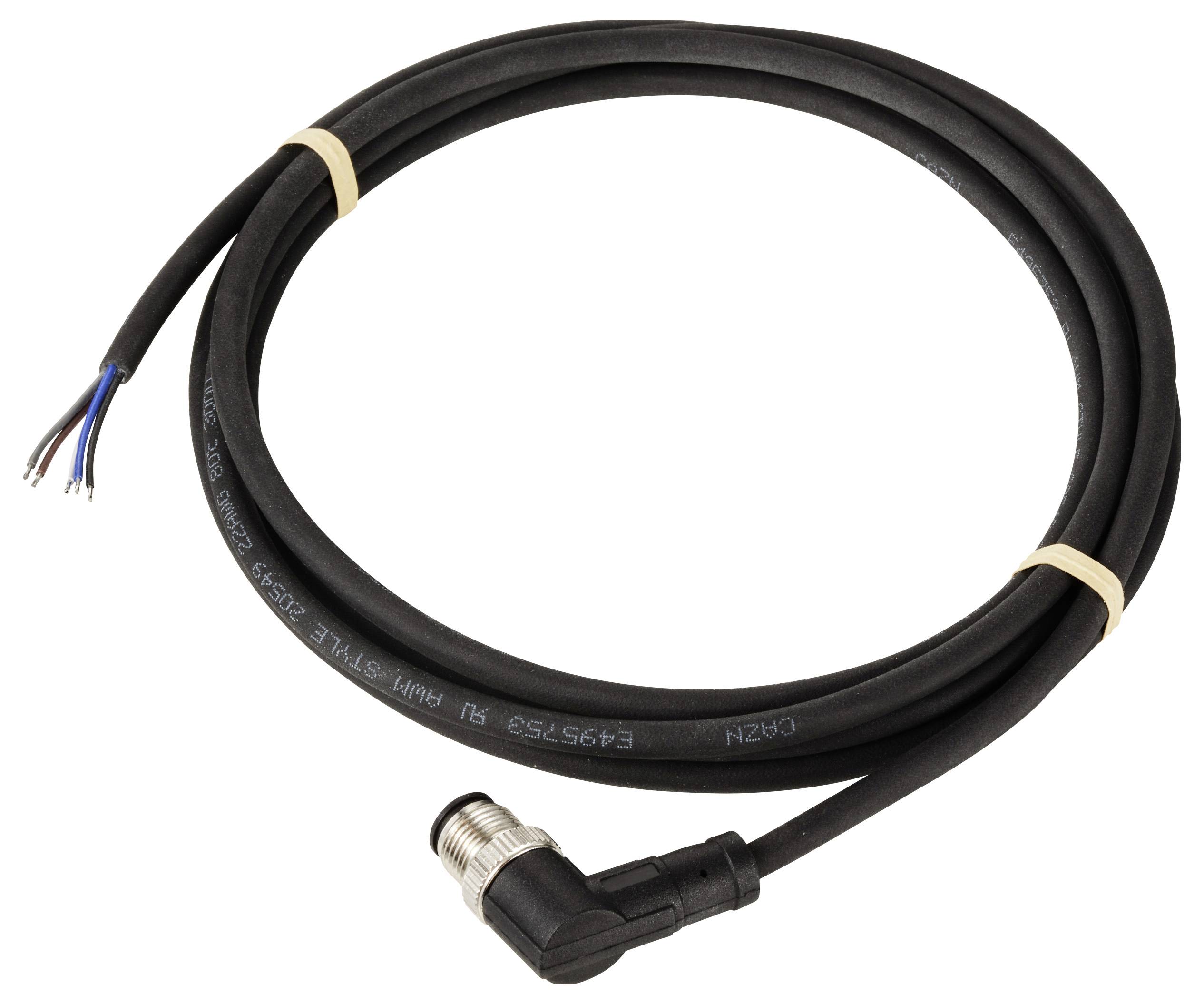 Et sort, langt kabel med en vinkelret metalstik i den ene ende. I den anden ende er trådene blotlagte. Egnet til elektroniske tilslutninger.