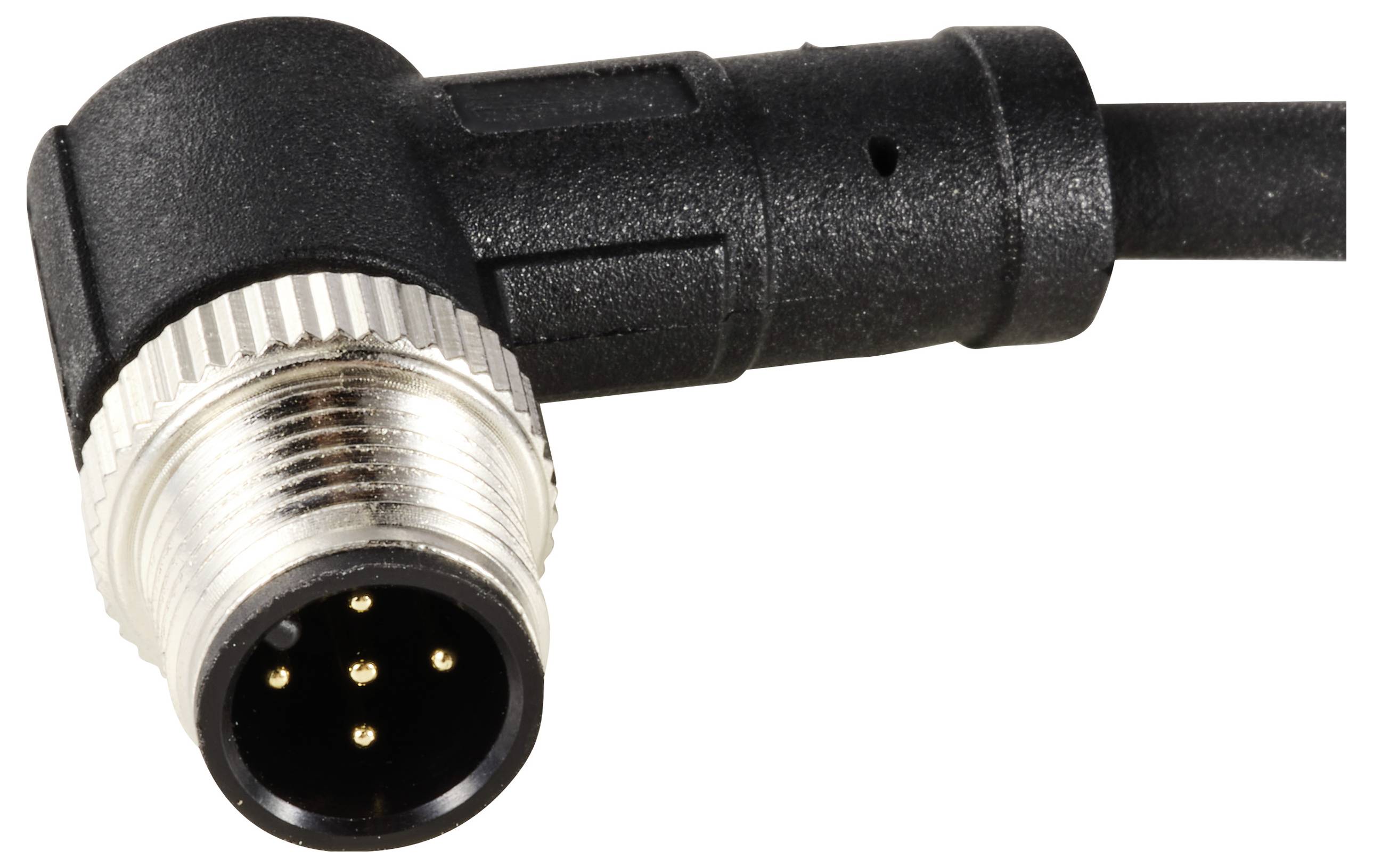 Sort, vinklet M12-stik med fem metalpinde og gevind til tilslutning af elektriske enheder.