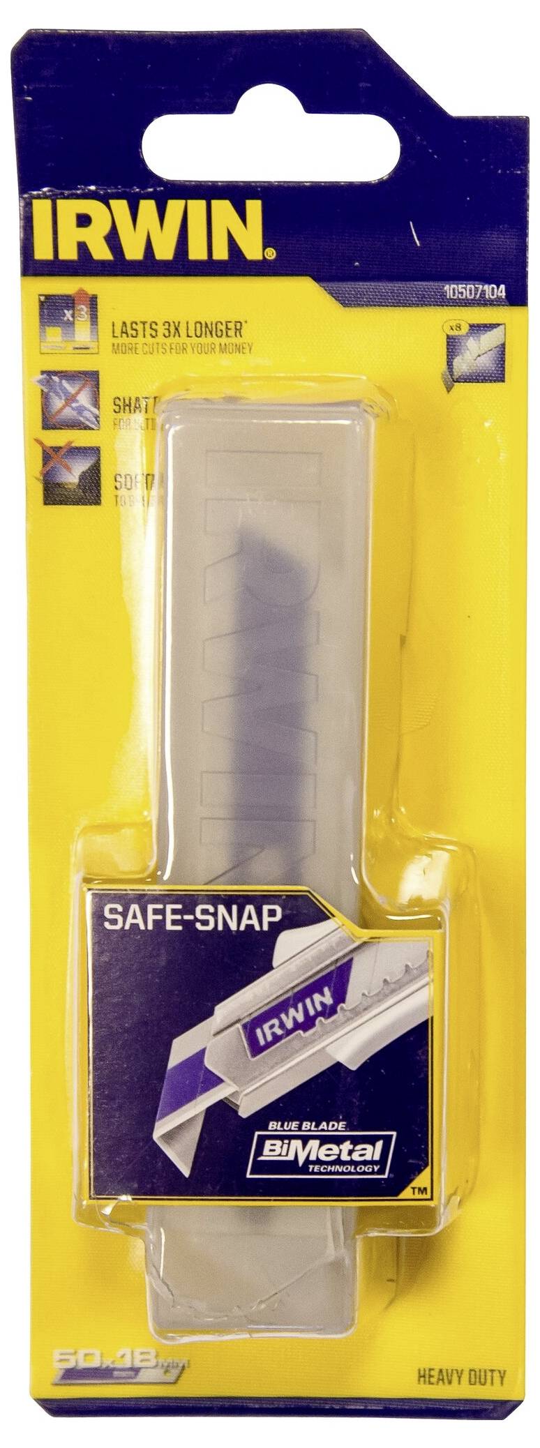 IRWIN-pakning til et trapezknivblad med påskriften 'SAFE-SNAP' og 'Bi-Metal'. Produktet er holdbart og egnet til hårdført brug.