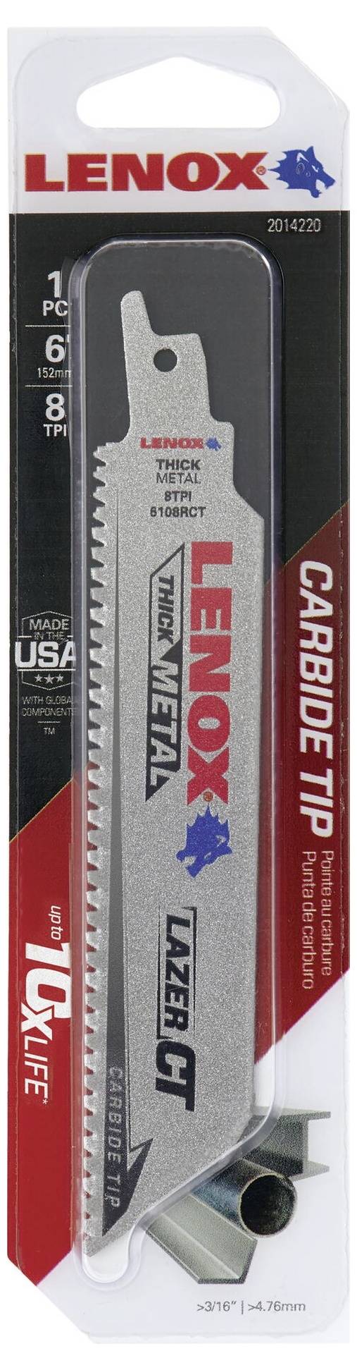 Savklinge-emballage: Mærke 'Lenox', Model 'Carbide Tip'. Egnet til tykke metaller, 203 mm længde, 8 tænder pr. tomme. Fremstillet i USA.