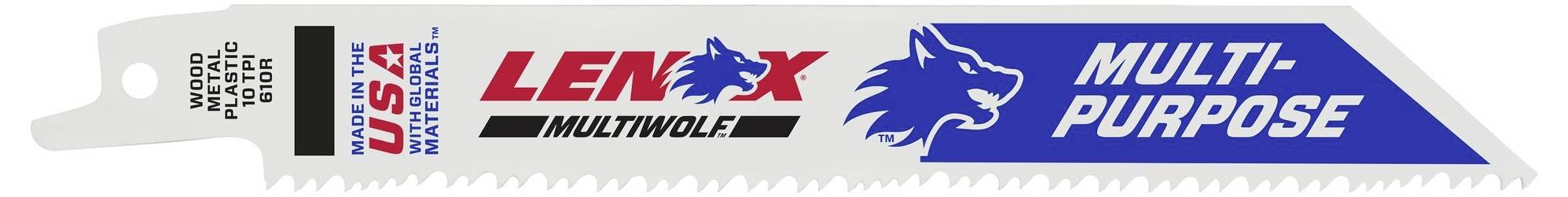 Bajonet-savklinge med påskrift 'Lenox Multi-Purpose'. Venstre side viser USA-logoet og 'TRÆ METAL PLAST'. Blåt, rødt og hvidt design med ulve-logo.