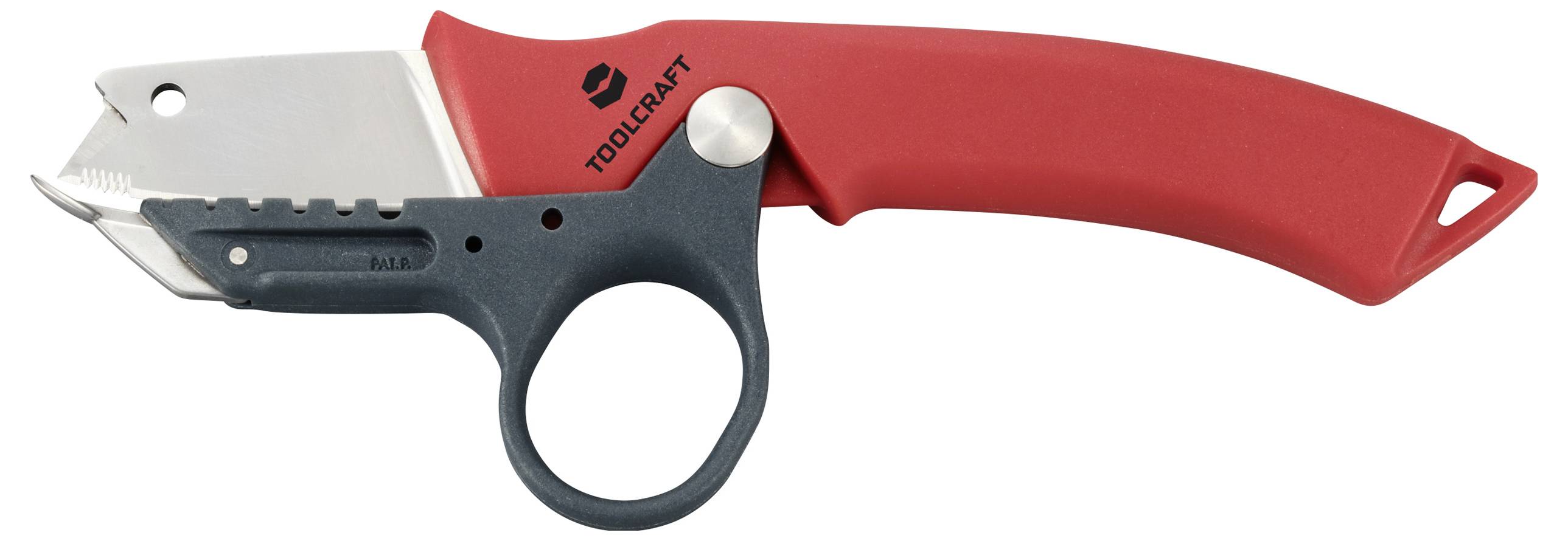 Universalkniv med rødt håndtag og stabil klingeholder, egnet til skæring af robuste materialer.