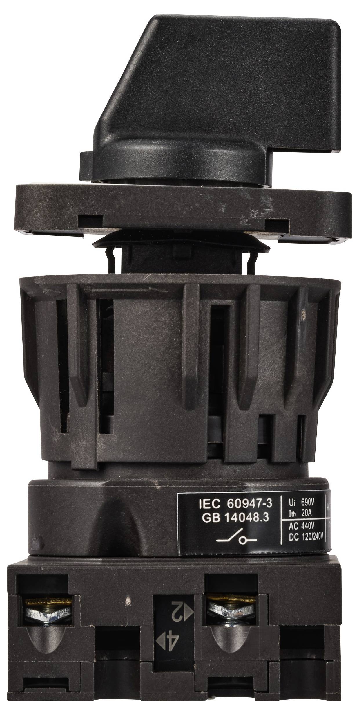 En sort, totrinnet drejeafbryder med håndtag, egnet til industrielle styringer, specificeret efter IEC 60947-3 og GB 14048.3 standarder.