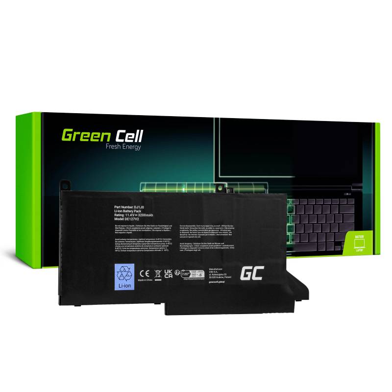 Bærbar computer-batterikasse med påskriften 'Green Cell'. I forgrunden et sort batteri med tekniske detaljer.