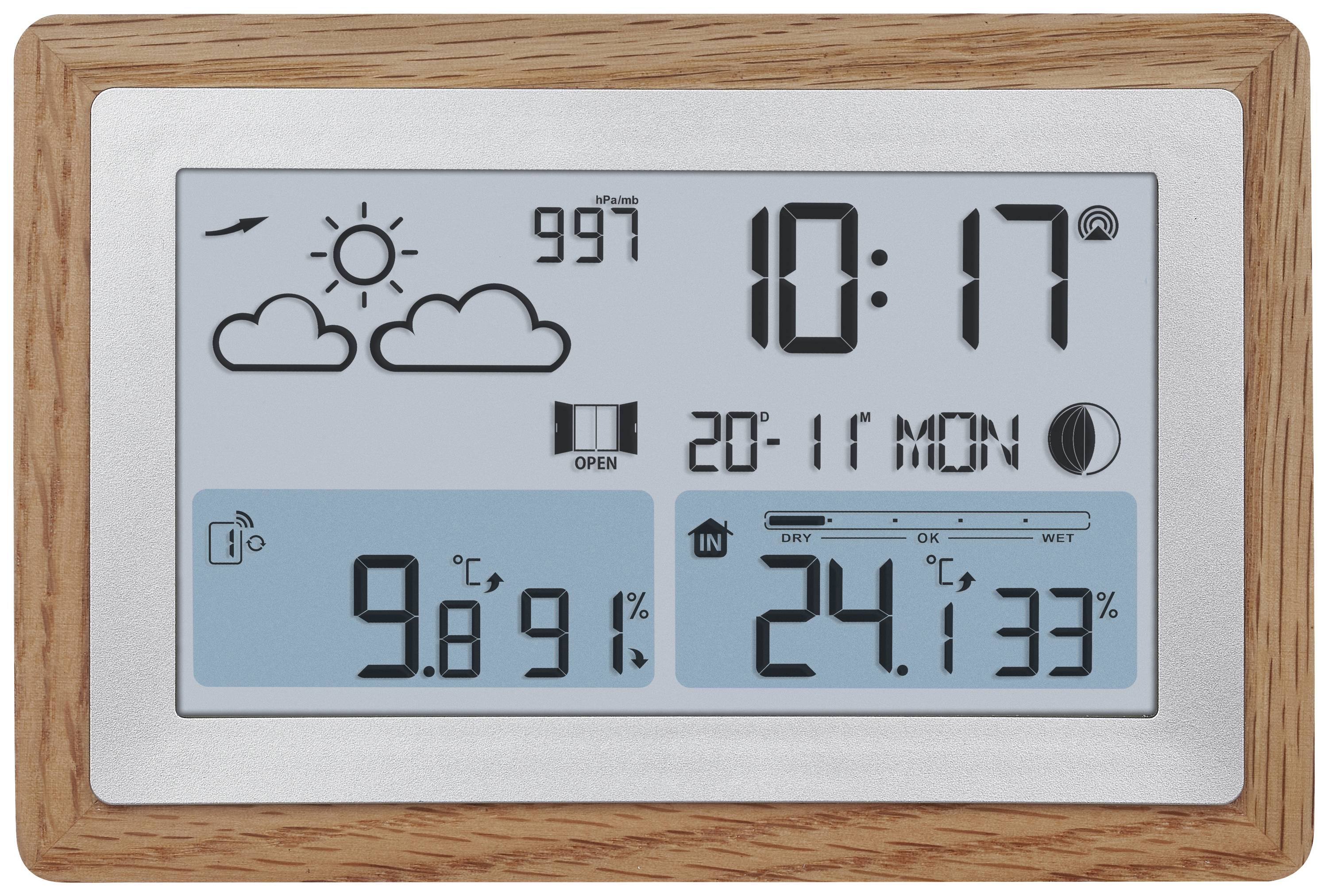 Digitalt vejrdisplay med klokkeslæt (10:17), dato (20-11, mandag), temperatur (9,8°C indendørs, 24,1°C udendørs) og luftfugtighed (33% udendørs, 91% indendørs).