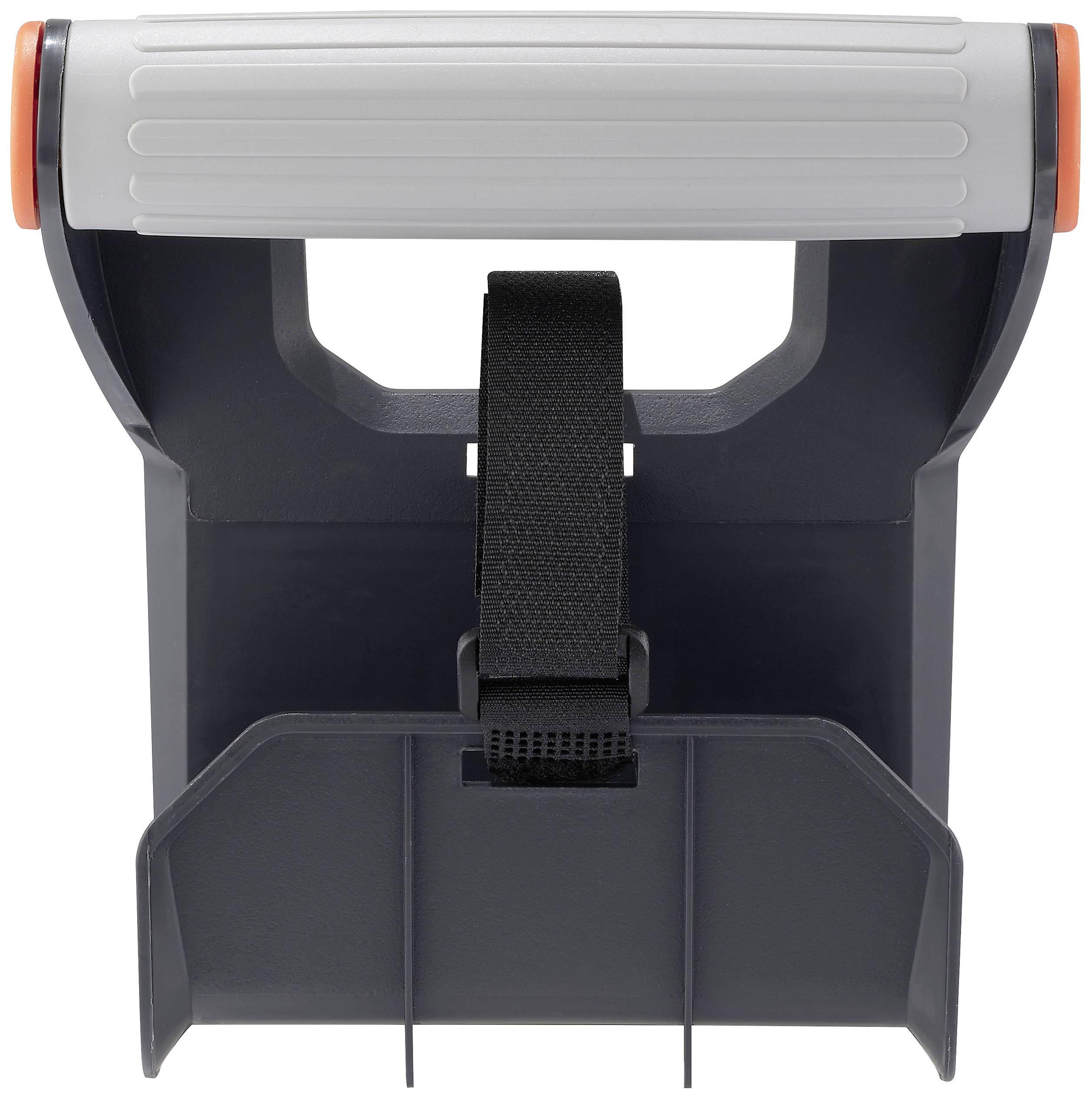 Grå og sort plastikgreb med justerbar rem, velegnet til ergonomisk håndtering af enheder eller værktøjer.
