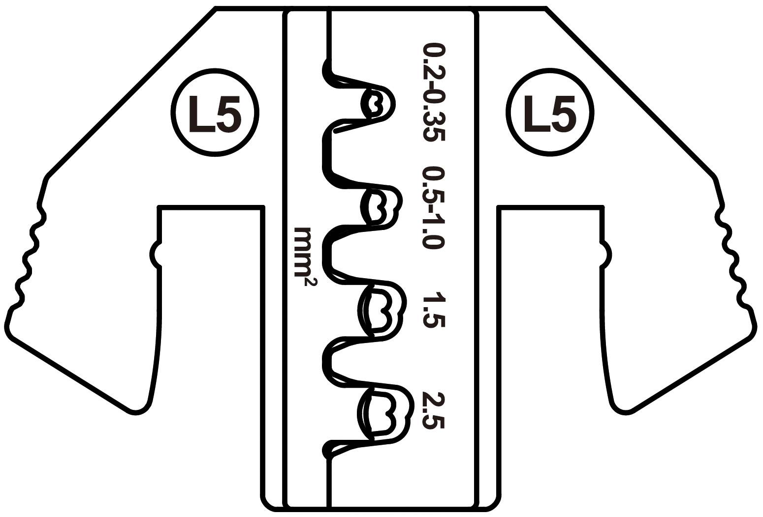 Crimpeværktøj med seks størrelser 0,2-2,5 mm², mærket for ledertværsnit, symboliseret ved halvcirkelformede indsnit.