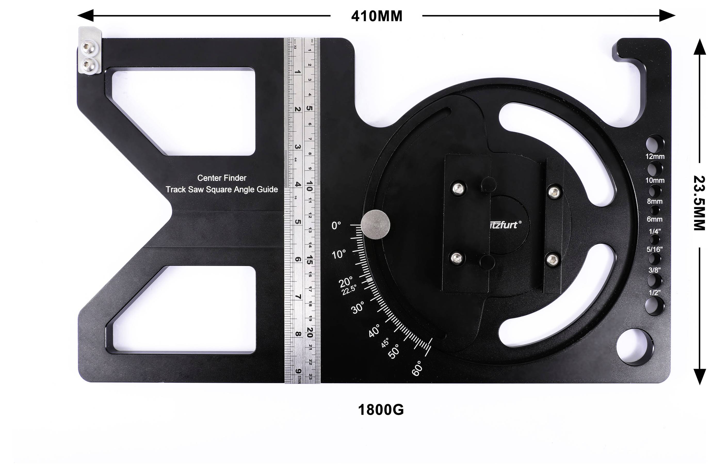 Sort center-finder spormalet kvadrat-guide til længdesav med vinkelmåler-skala, lineal og målingsmarkeringer, der viser 410 mm bredde, 23,5 mm højde og 1800 g vægt.