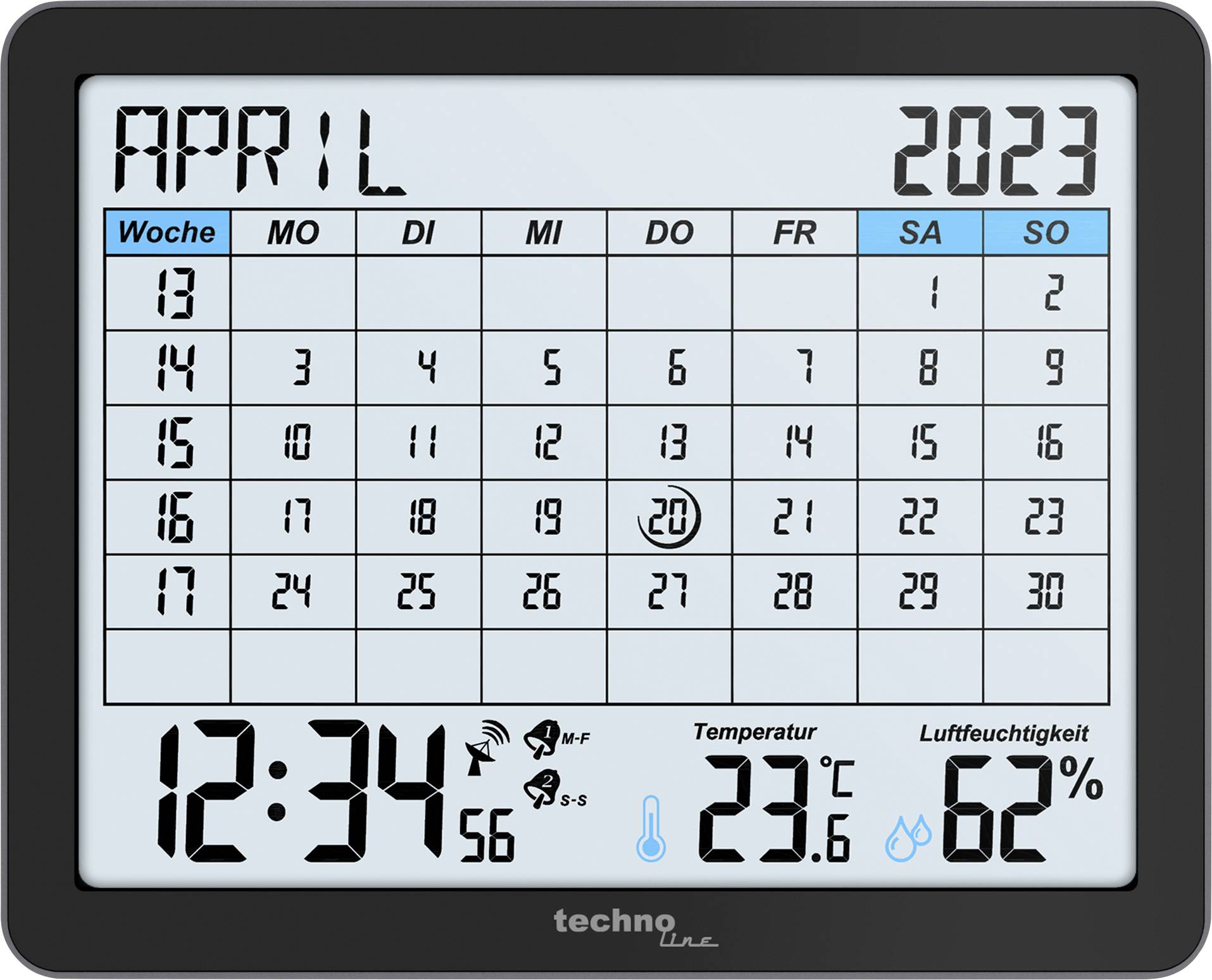 Digital kalender med månedsvisning april 2023, vejrdata forneden: Temperatur 23,6 grader Celsius, luftfugtighed 62%.