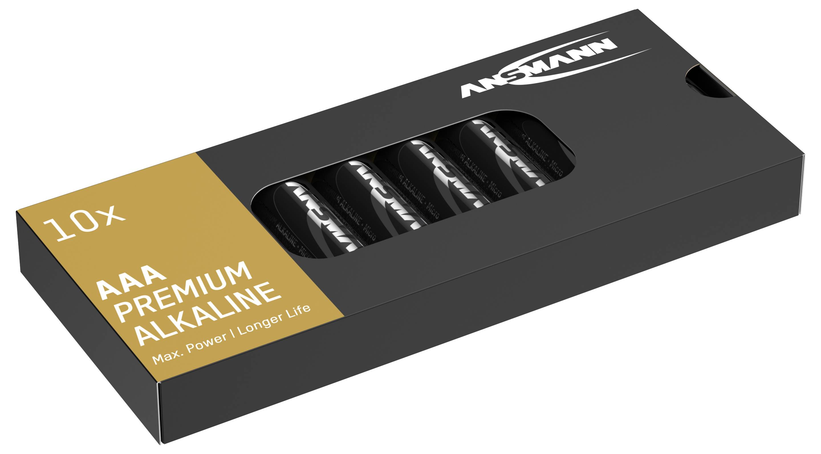 Pakke med ti 'AAA Premium Alkaline'-batterier fra Ansmann, med særlig fokus på høj ydelse og længere levetid.