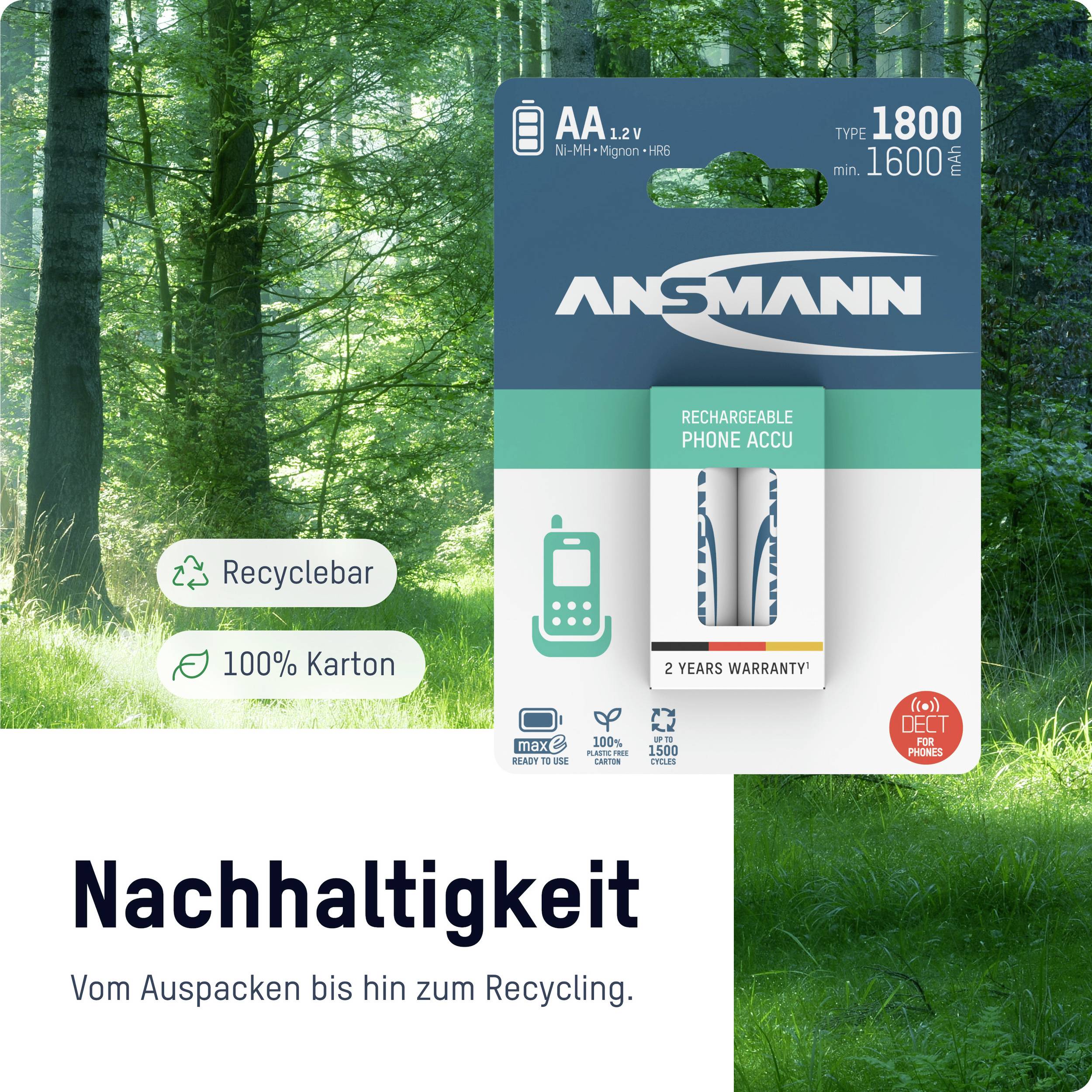 'AA-batteri (1,2V, 1800 mAh, type 1600 min) fra Ansmann, genopladeligt, pakket i genbrugskartong. To års garanti.'