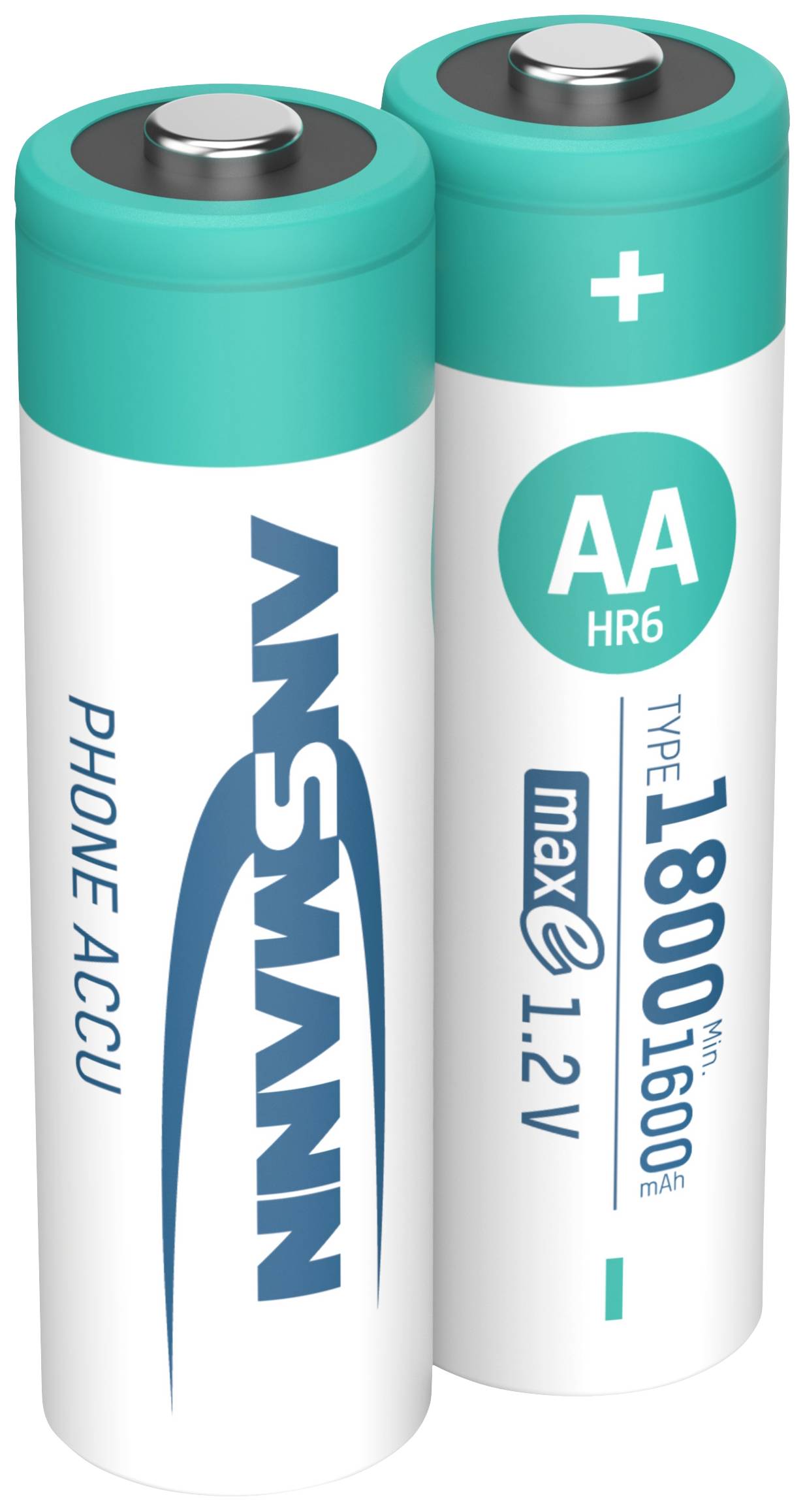 To rette AA-genopladelige batterier, type HR6, 1,2V, 1800 mAh, stående lodret med turkis spids og påskrift "ANSMANN PHONE ACCU".