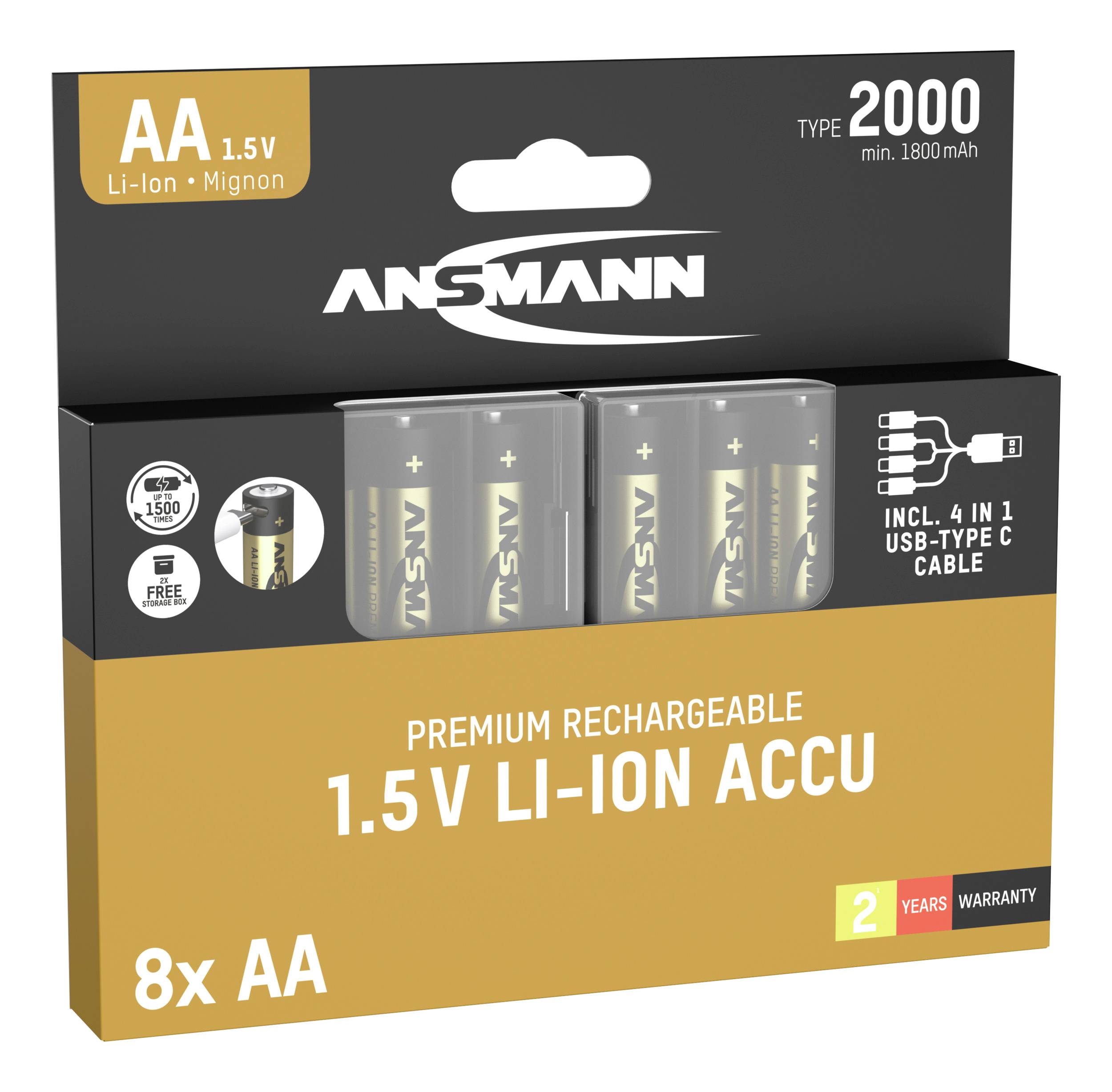 '8x AA 1,5V Li-Ion batteri, genopladeligt, inkl. 4-i-1 USB-Type-C-kabel, 2 års garanti, Premium-kvalitet fra Ansmann.'