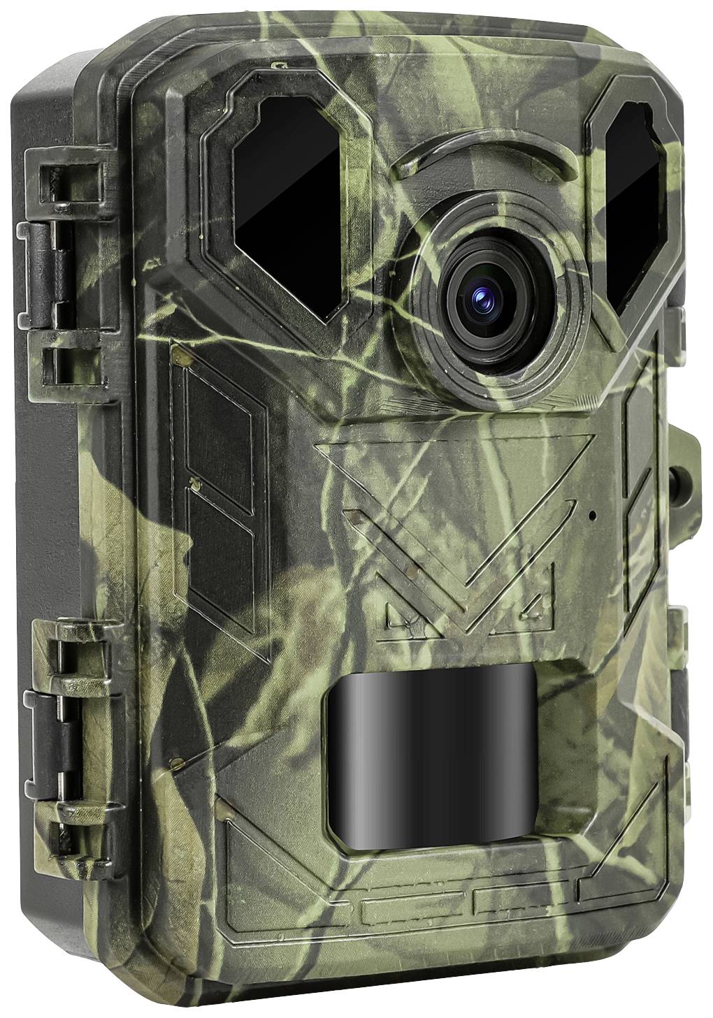 Overvågningskamera med camouflage-mønster, egnet til observation af vildtdyr i naturen, udstyret med infrarøde sensorer og robust kabinet.