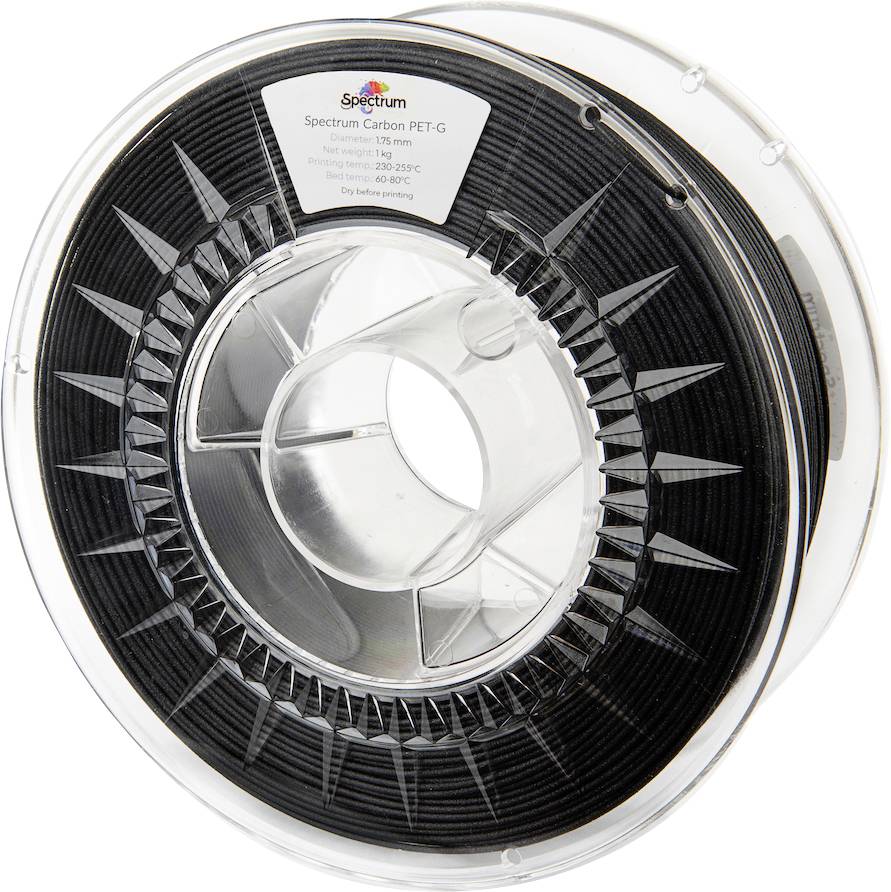 En rulle sort PET-G 3D-printfilament med kulfiberforstærkning, 1,75 mm diameter, på en transparent plastikspole.