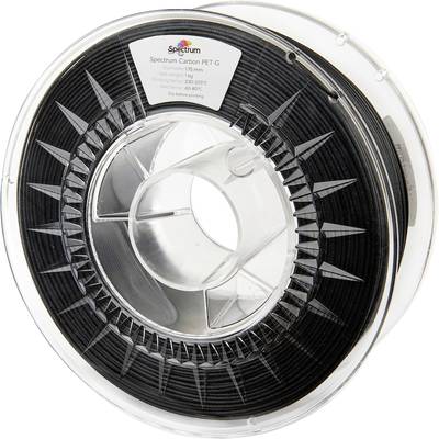 En rulle sort PET-G 3D-printfilament med kulfiberforstærkning, 1,75 mm diameter, på en transparent plastikspole.