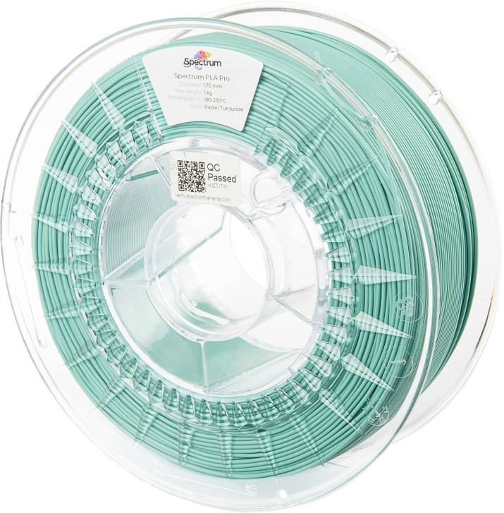 En rulle med turkisfarvet PLA-filament til 3D-printer, etiket med påskrifterne 'Spectrum PLA Pro', '1,75 mm', '1000 g' og 'Pastel Turquoise'.