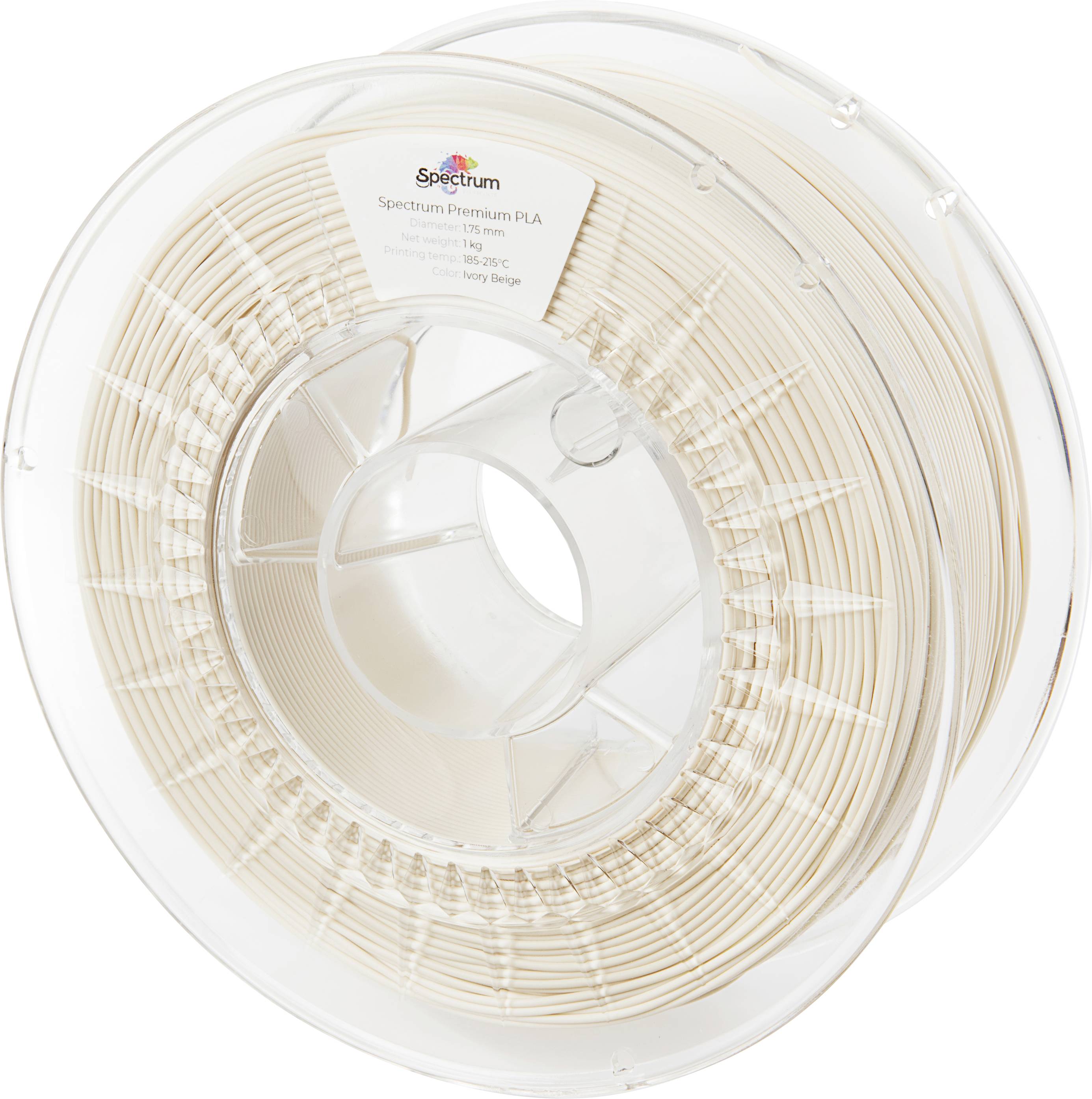 En rulle beige 3D-printer-filament med påskriften 'Spectrum premium PLA' på etiketten.