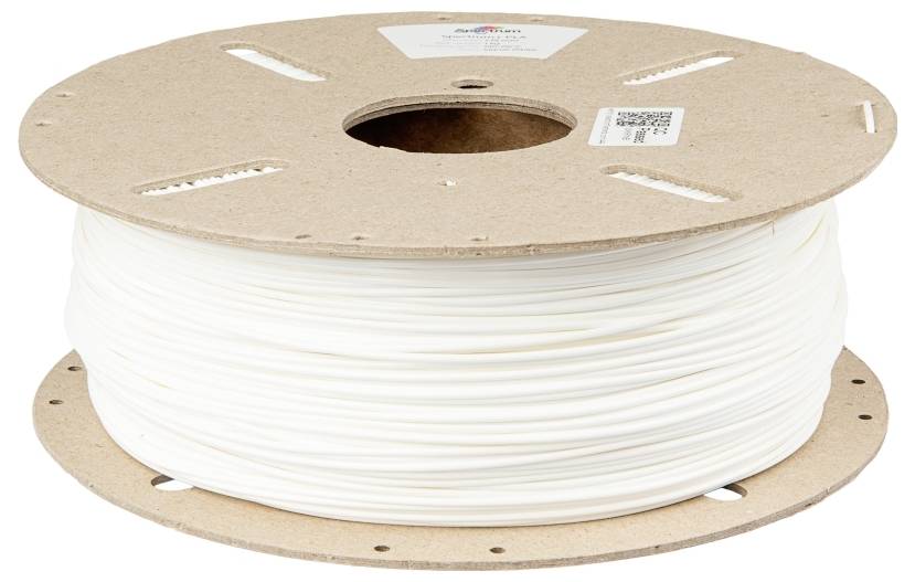 Plastikspole med hvid 3D-printer-filament, viklet op på en paprulle. Egnet til brug i 3D-printere.