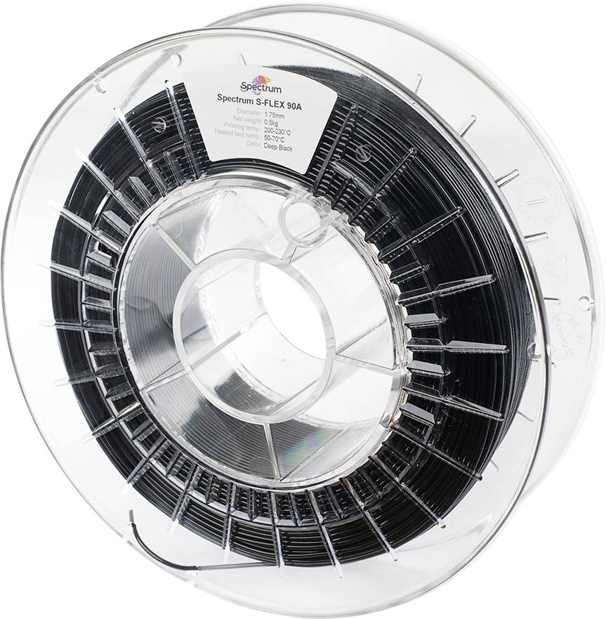 En gennemsigtig spole med sort 3D-printer-filament, hvor der på etiketten øverst står 'Spectrum S-FLEX 90A'.