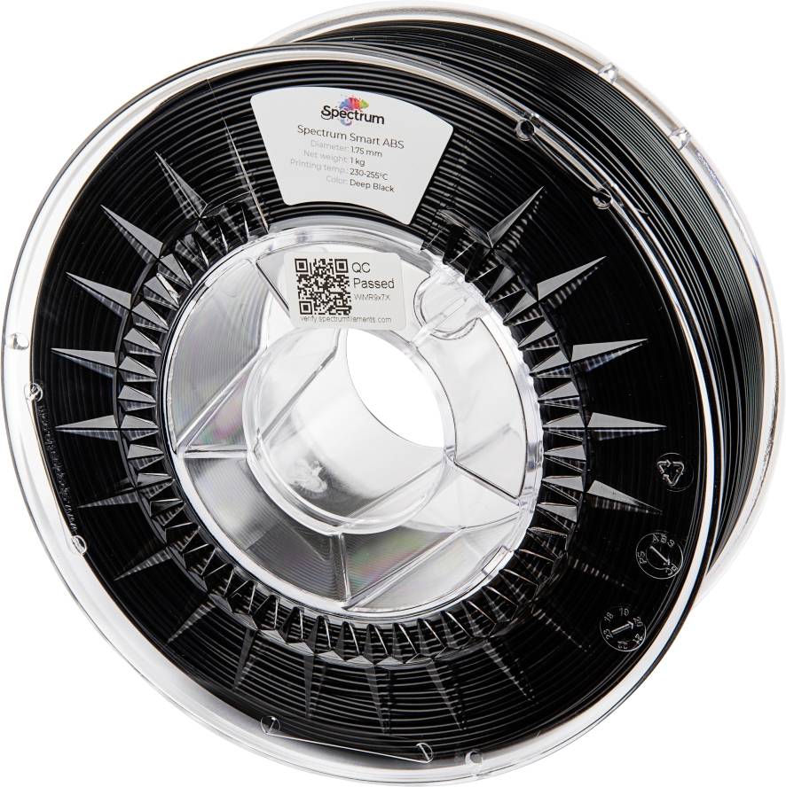 En sort 3D-printer filamentrullemed etiket 'Spectrum Smart ABS', 1 kg, 1,75 mm. Etiketten indeholder en QR-kode.