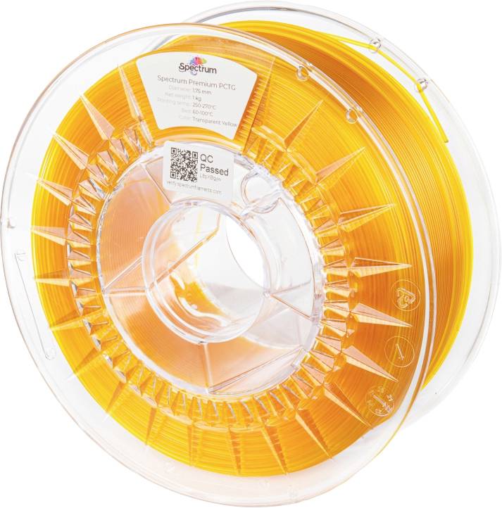 En gennemsigtig plastikspole med orange 3D-printfilament. Etiket med specifikationer og QR-kode midt på spolen.