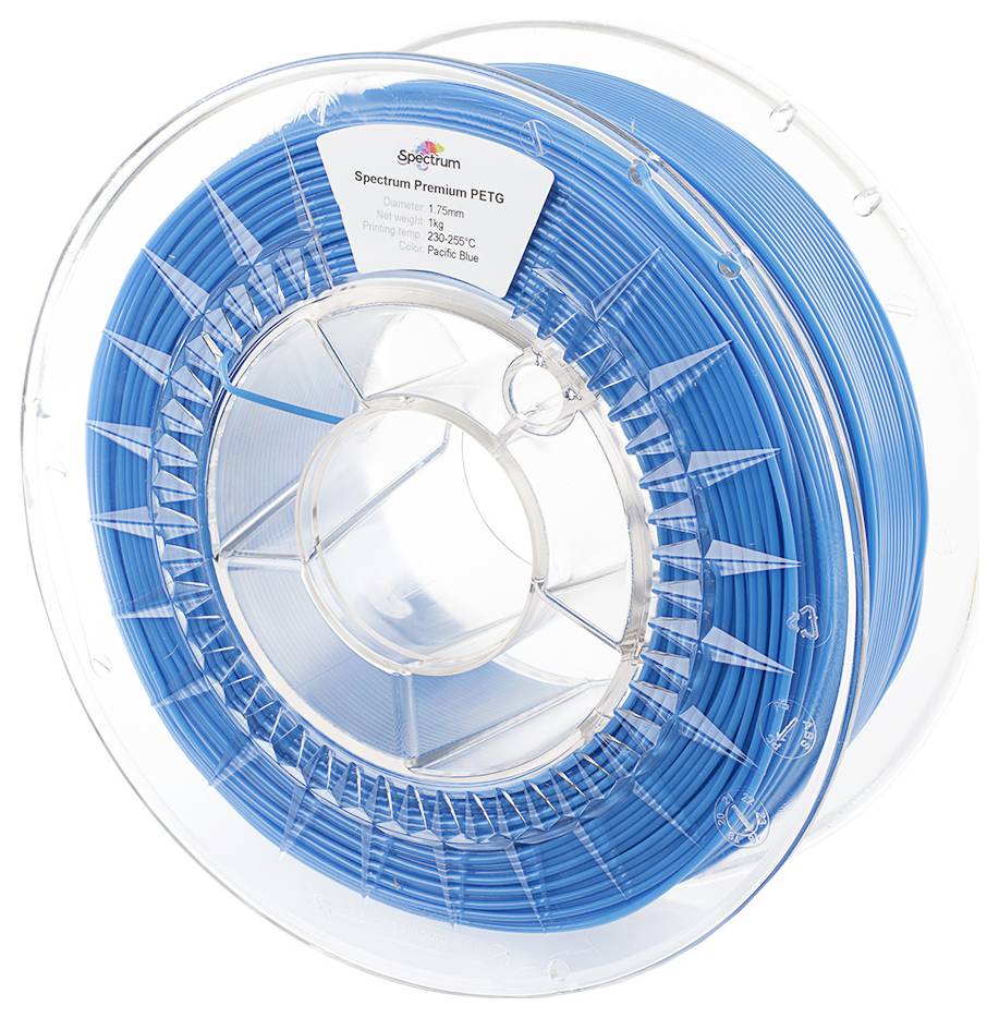 En spole med blåt 3D-printer-filament, PETG-materiale, 1,75 mm diameter, egnet til temperaturer mellem 230-250°C.