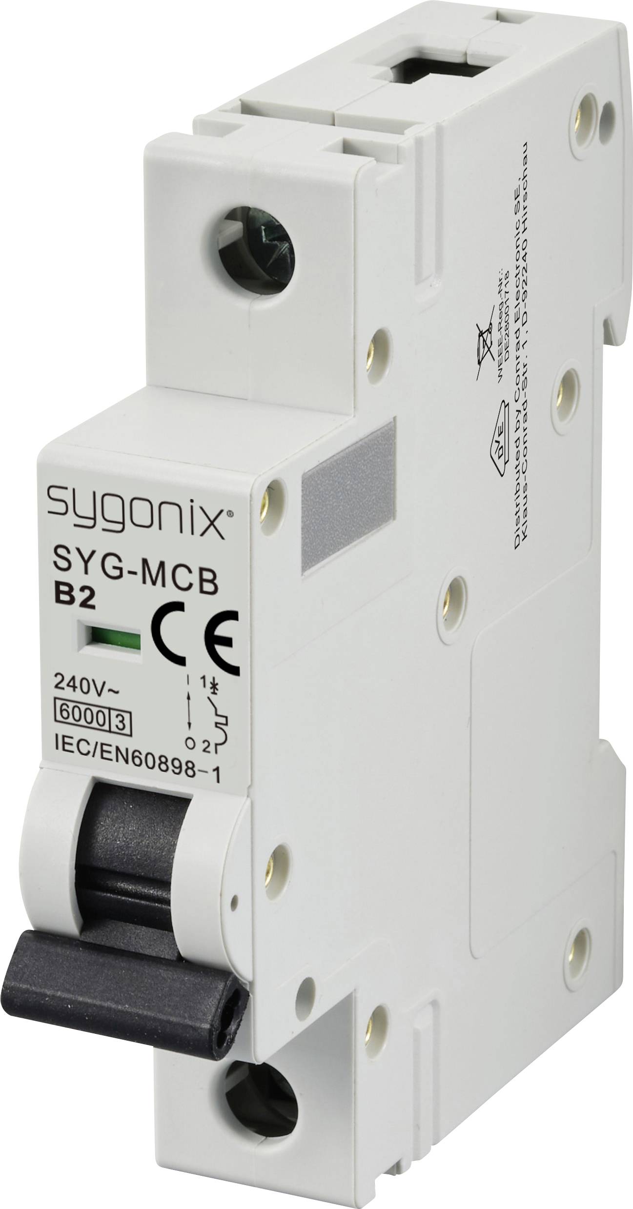En enpolet sikringskredsbryderen fra Sygonix, model SYG-MCB B2, 240V~, 6000A, i henhold til IEC/EN60898-1, egnet til sikringsskabe.