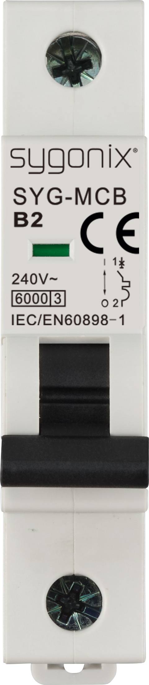 Elektrisk beskyttelsesafbryder fra sygonix, model SYG-MCB B2, egnet til 240V, 6000A. Overholder normen IEC/EN60898-1.