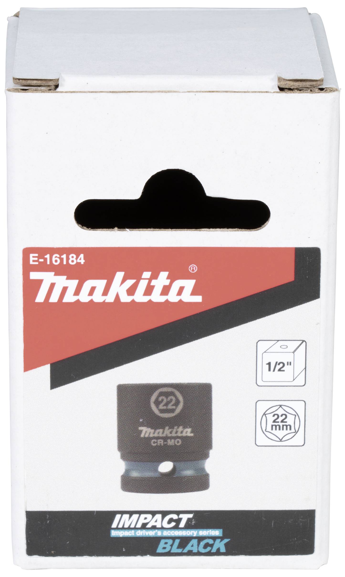 Kartonæske fra Makita med en 22 mm sekskant-topnøgle til slagskruemaskine. Produktnavn og tekniske detaljer er trykt på forsiden.