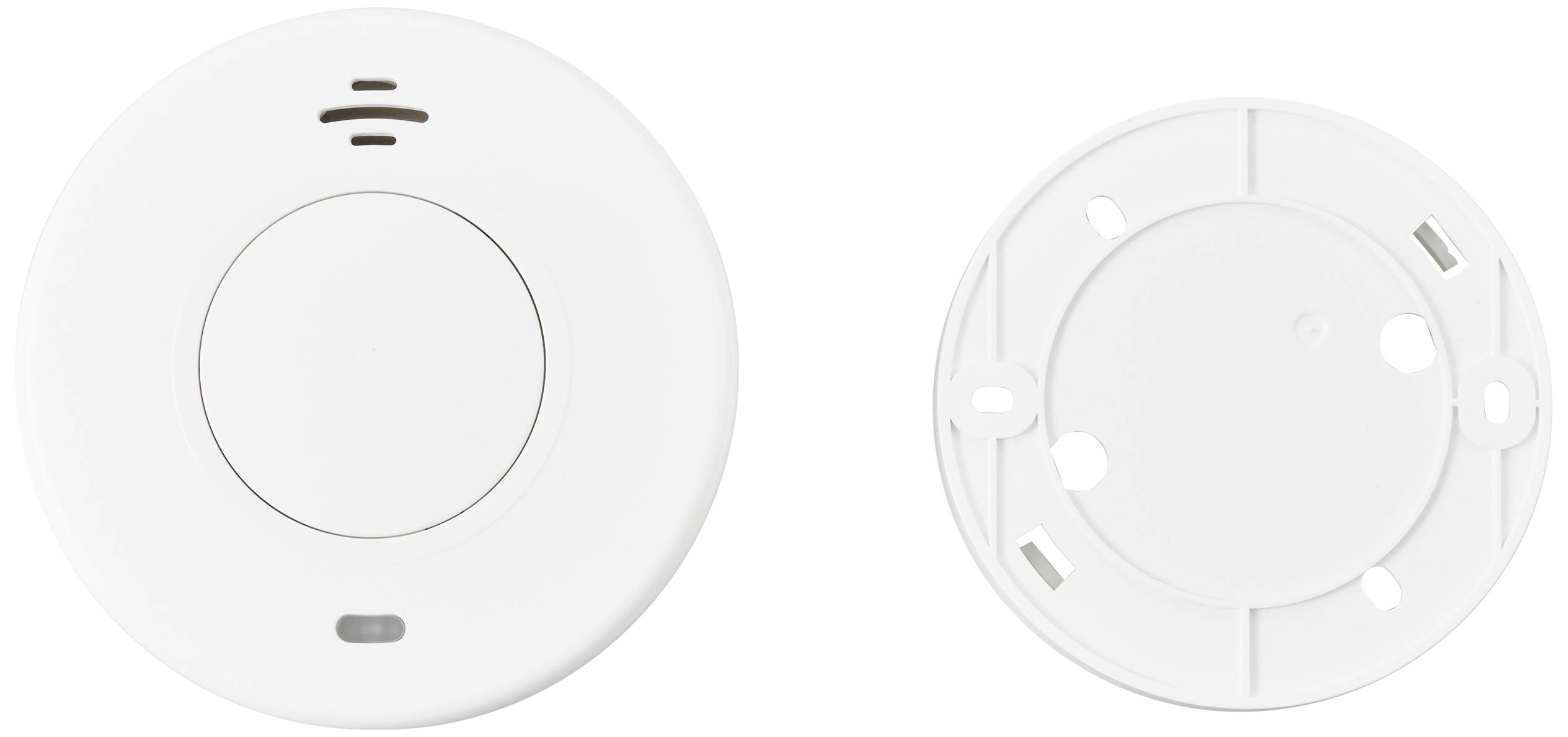 En rund røgdetektor med aftagelig monteringssokkel. Detektoren har en central testknap og en LED-indikator.